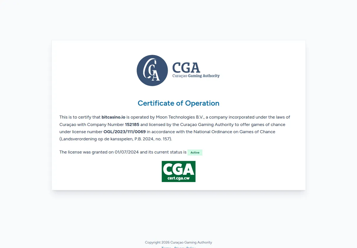 Curaçao Gaming Authority Certificate of Operation for bitcasino.io, licence OGL/2023/111/0069, status active