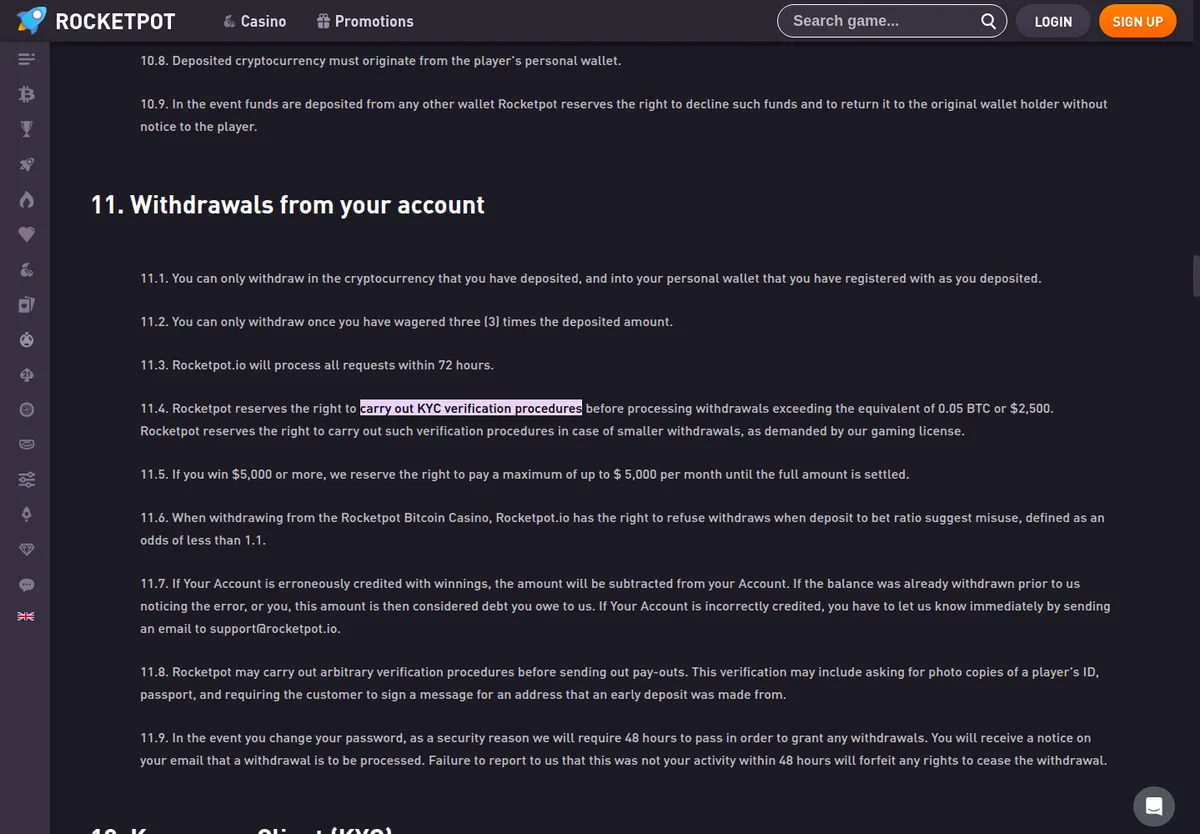 Clauses 11.4 and 11.5 of the Rocketpot terms on verification and the monthly withdrawal cap