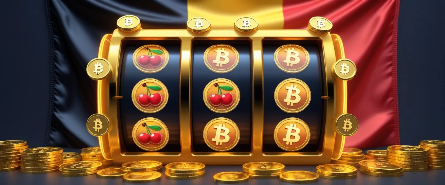 Slot reels with cherries and Bitcoin coins, the Belgian flag behind and stacks of gold coins