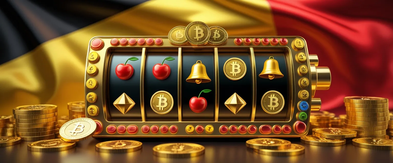 Golden slot machine with cherries, bells, diamonds and Bitcoin coins in front of a black, yellow and red Belgian flag