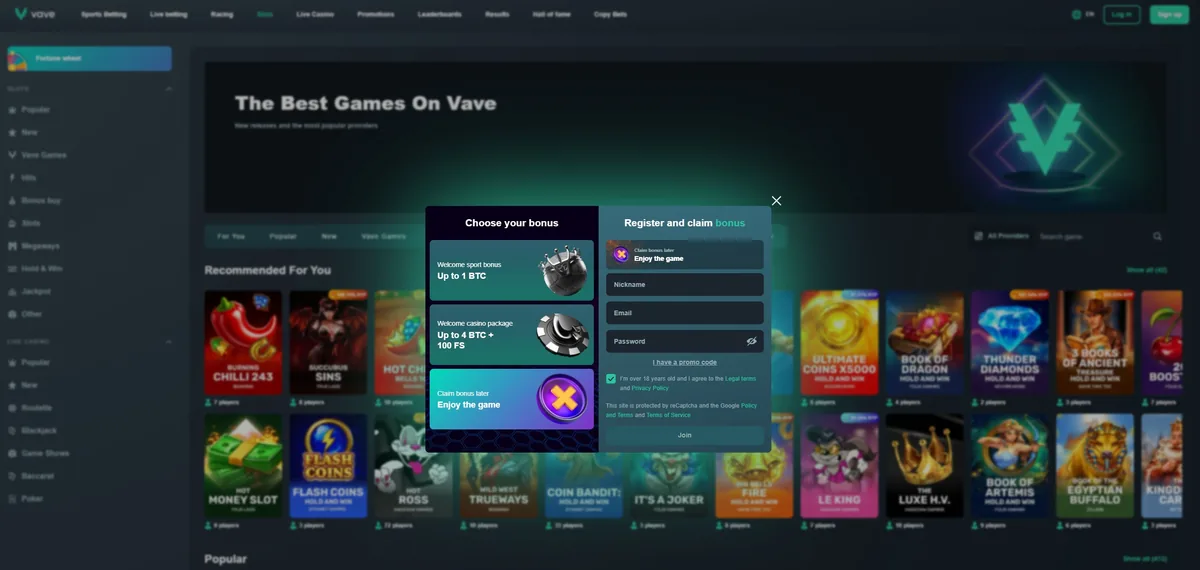 Vave slots lobby with the sign-up window offering a choice of sports or casino bonus